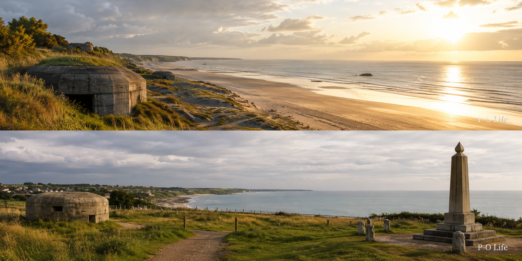 Historic WWII bunkers overlooking the Normandy D-Day beaches at sunrise along the French coastline.