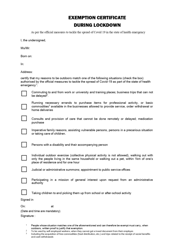 Attestation de déplacement required paperwork for travel