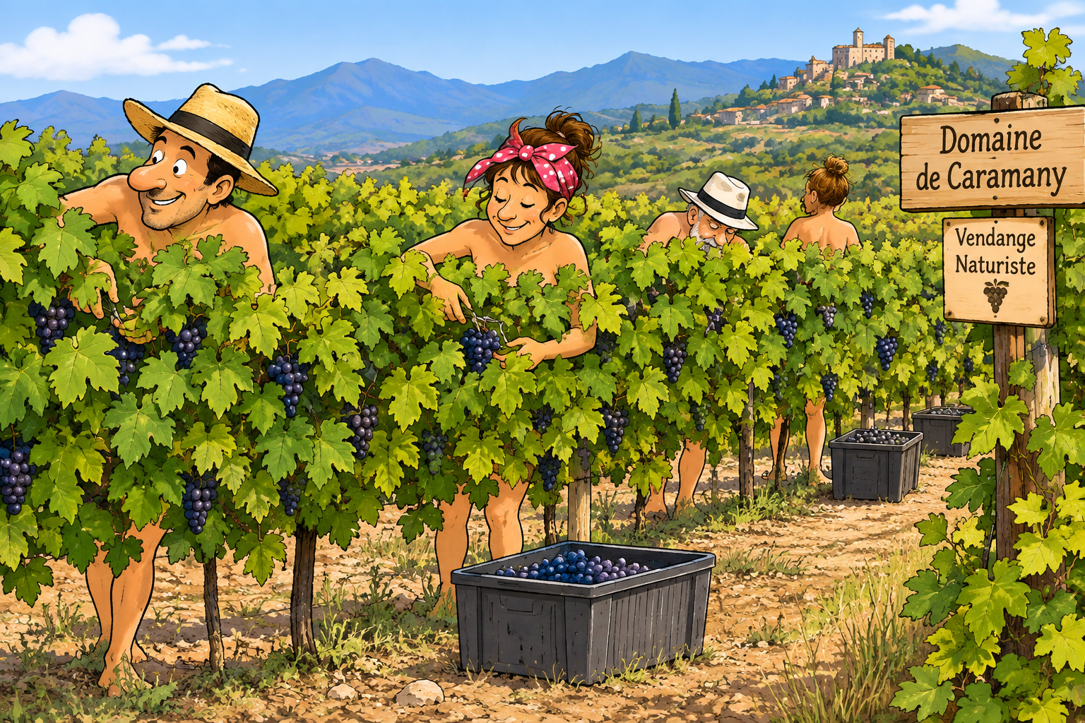 Harvest time at the domaine of Caramany this year was was a naturist occasion., tho naked bodies in such close proximity to secateurs is perhaps a dangerous mix…