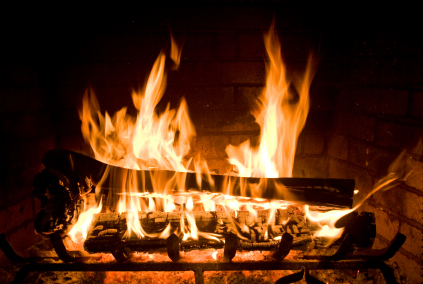 Flames burning wood in a fireplace