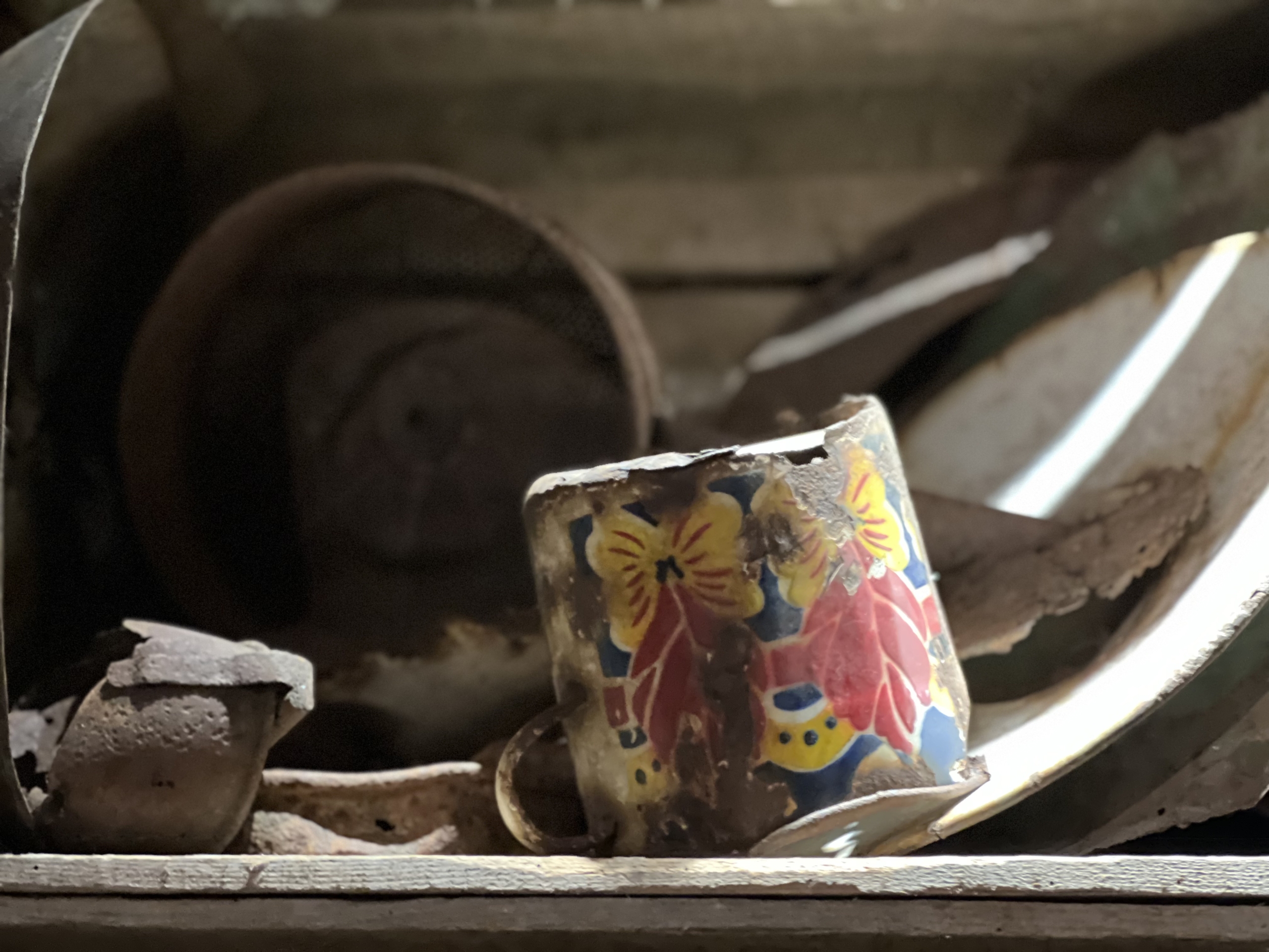 a single spot of colour - red and yellow flowers on an enamel pot -  speaks out to us of hope.