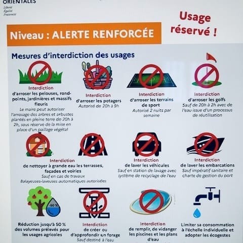 WATER RESTRICTIONS IN THE P-O Despite several days of torrential rain amidst the summer heat, ground water levels remain critical in many parts of the P-O and most of the earlier restrictions remain in place. Check out our website at anglophone-direct.com (search water-restrictions) for the latest updates