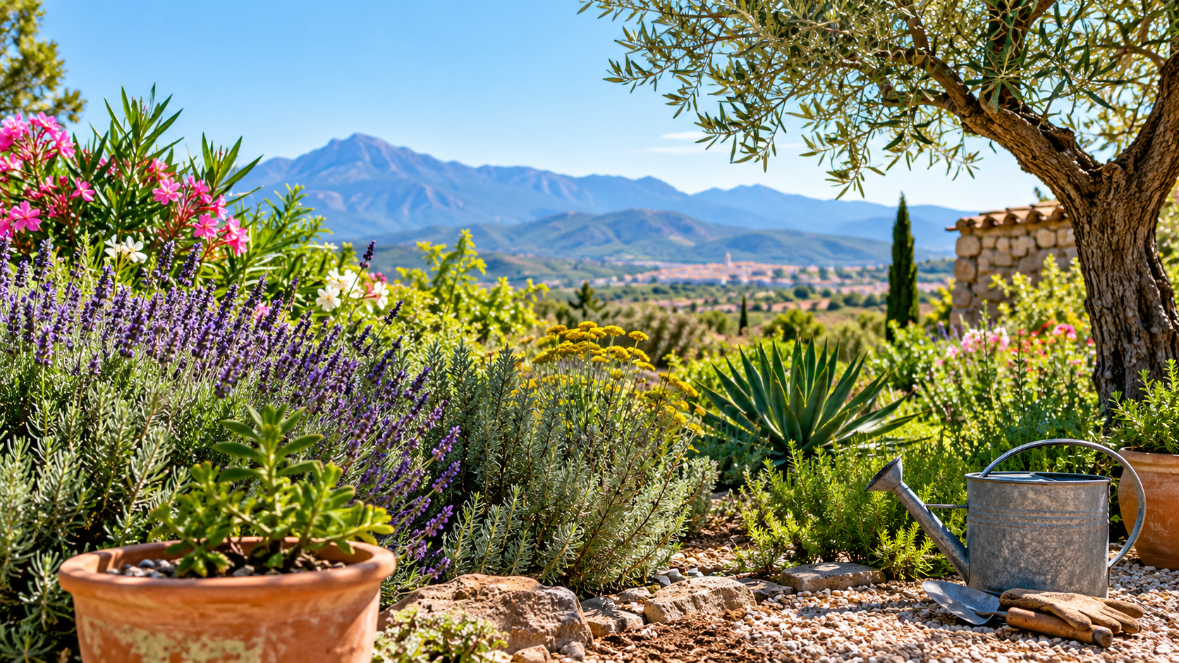 Mediterranean garden in the Pyrénées-Orientales with drought-tolerant plants and mountains