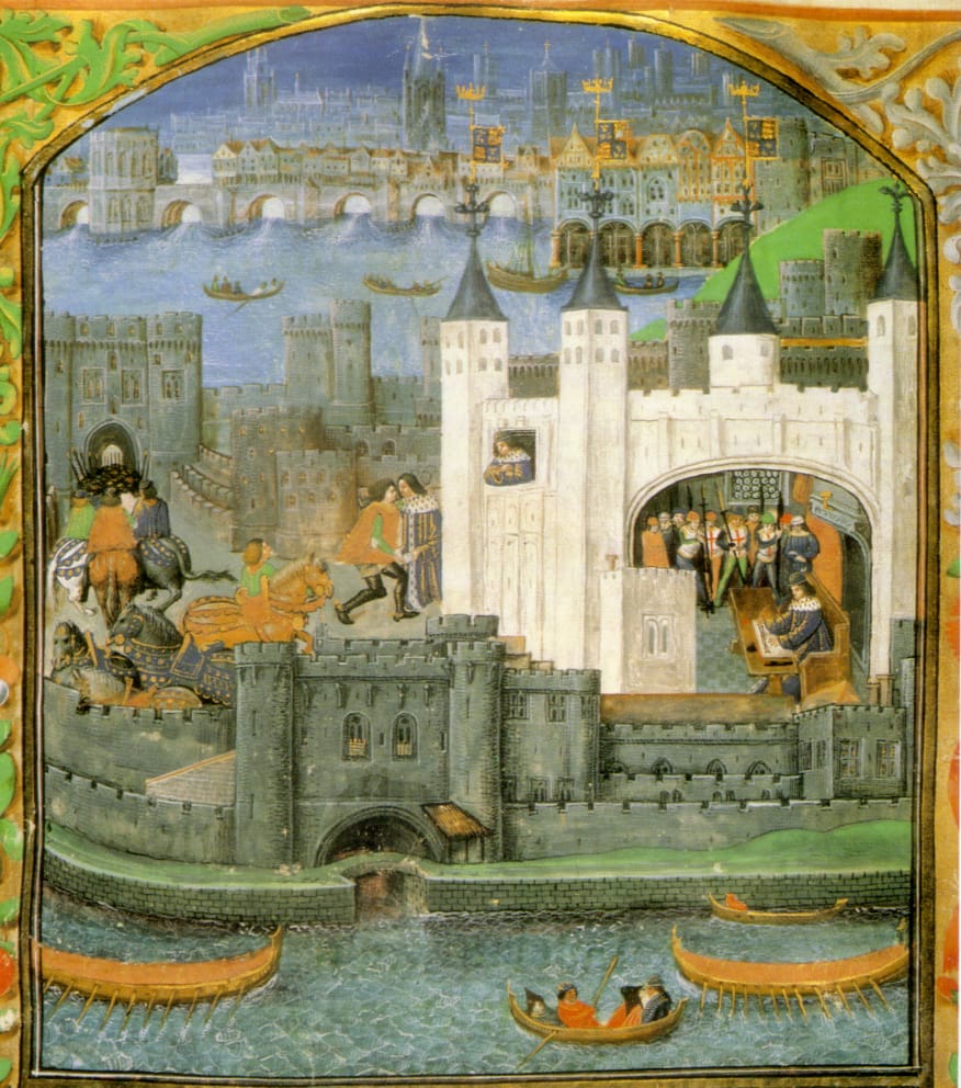 A depiction of Charles’ imprisonment in the Tower of London from an illuminated manuscript of his poems.