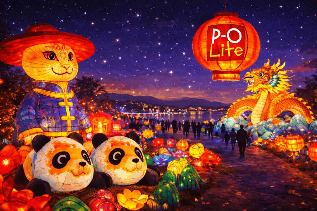 Illustrated night scene of visitors walking through a lantern-lit winter festival in Le Barcarès.