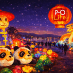 Illustrated night scene of visitors walking through a lantern-lit winter festival in Le Barcarès.